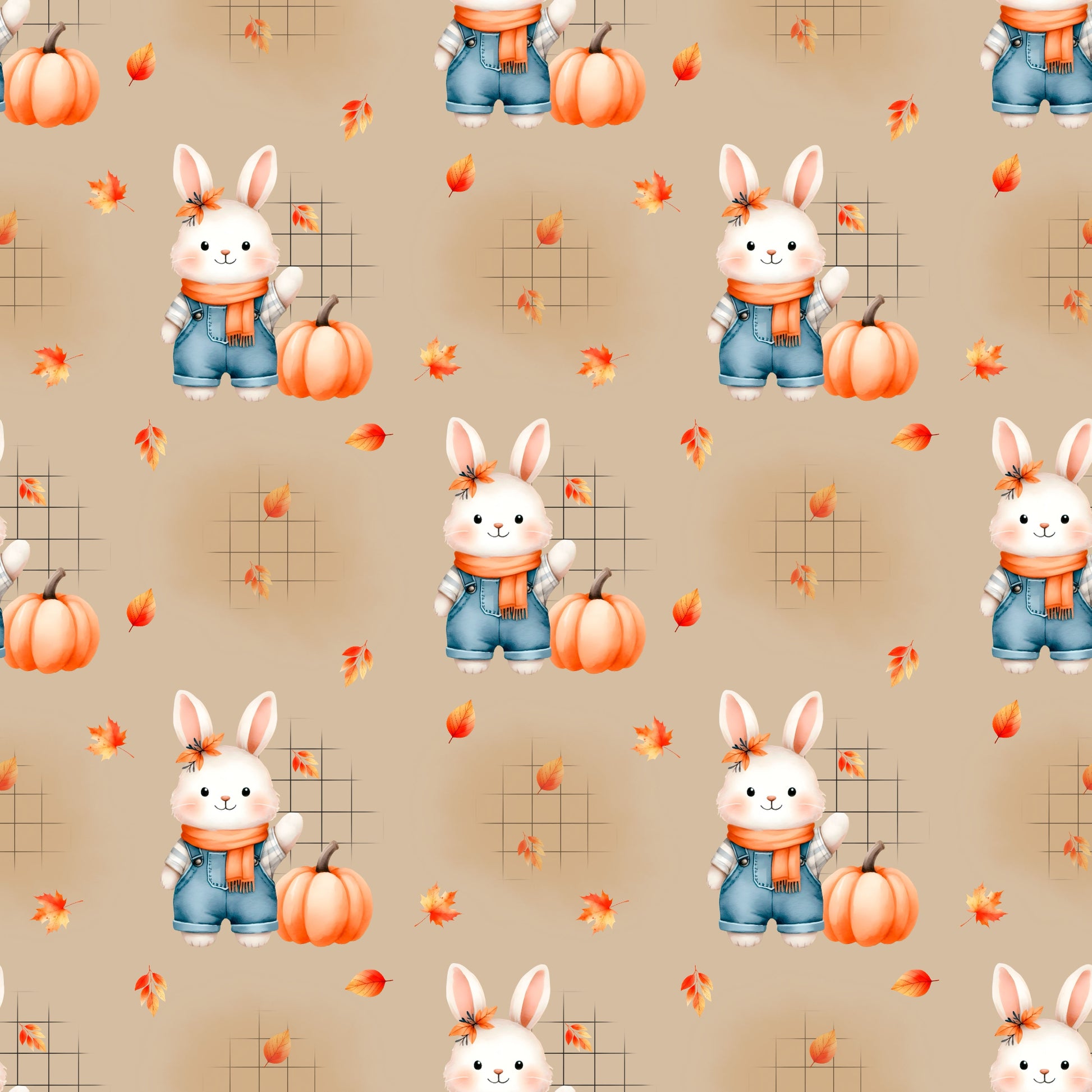 Gemütlicher Stoff „Herbsthäschen“ – Hase im Herbstoutfit mit Kürbis und Blättern für kreative Nähprojekte.