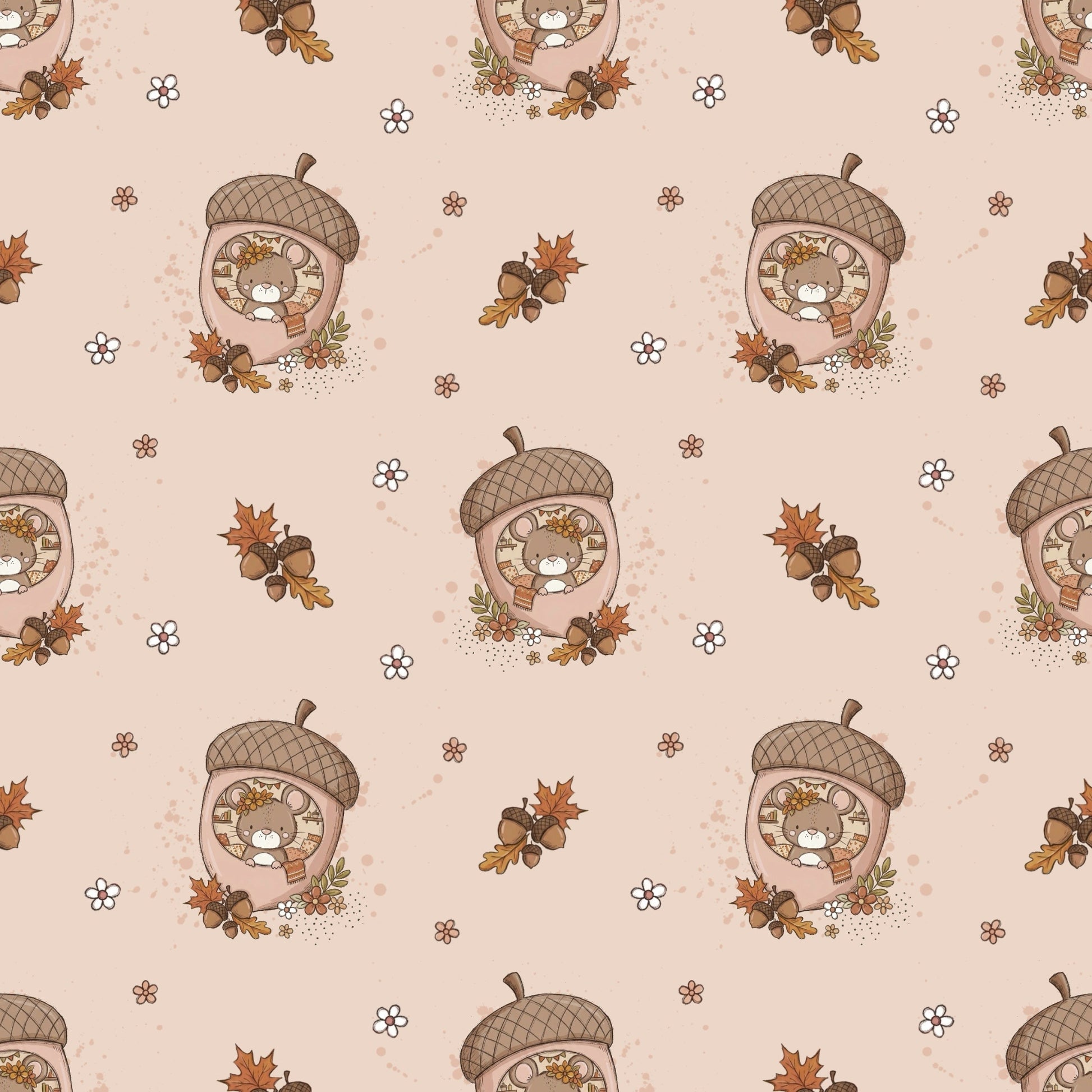 Nahtloses Stoffdesign „Herbstmaus Blümchen“ mit einer Maus samt Blumenkranz im Eichelhäuschen sowie Blümchen, Eicheln und Herbstblättern auf rosafarbenem Hintergrund.