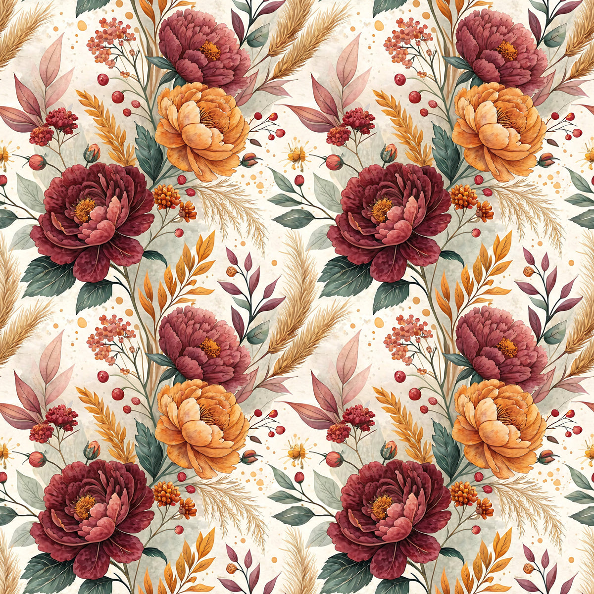 Herbstpoesie Stoffdesign mit großen Blüten, Beeren und Gräsern in Bordeaux, Rost und warmen Naturtönen auf Creme