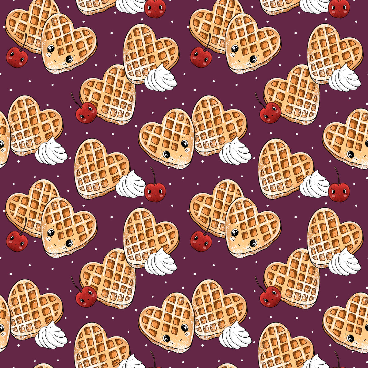 Herzwaffel Stoffdesign mit niedlichen Herzwaffeln, roten Kirschen und Sahnehäubchen auf bordeauxfarbenem Hintergrund