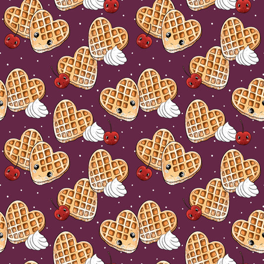 Herzwaffel Stoffdesign mit niedlichen Herzwaffeln, roten Kirschen und Sahnehäubchen auf bordeauxfarbenem Hintergrund