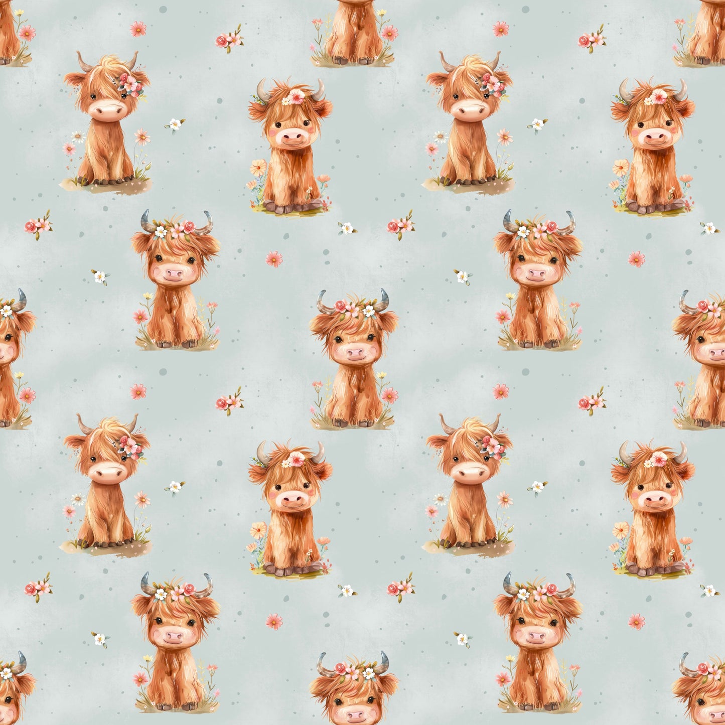 Stoffkachel „Highland Cow“: nahtloses Muster mit wiederholten Hochlandrinder-Illustrationen, kleinen Blumen und dezenten Punkten auf mintfarbenem Hintergrund.