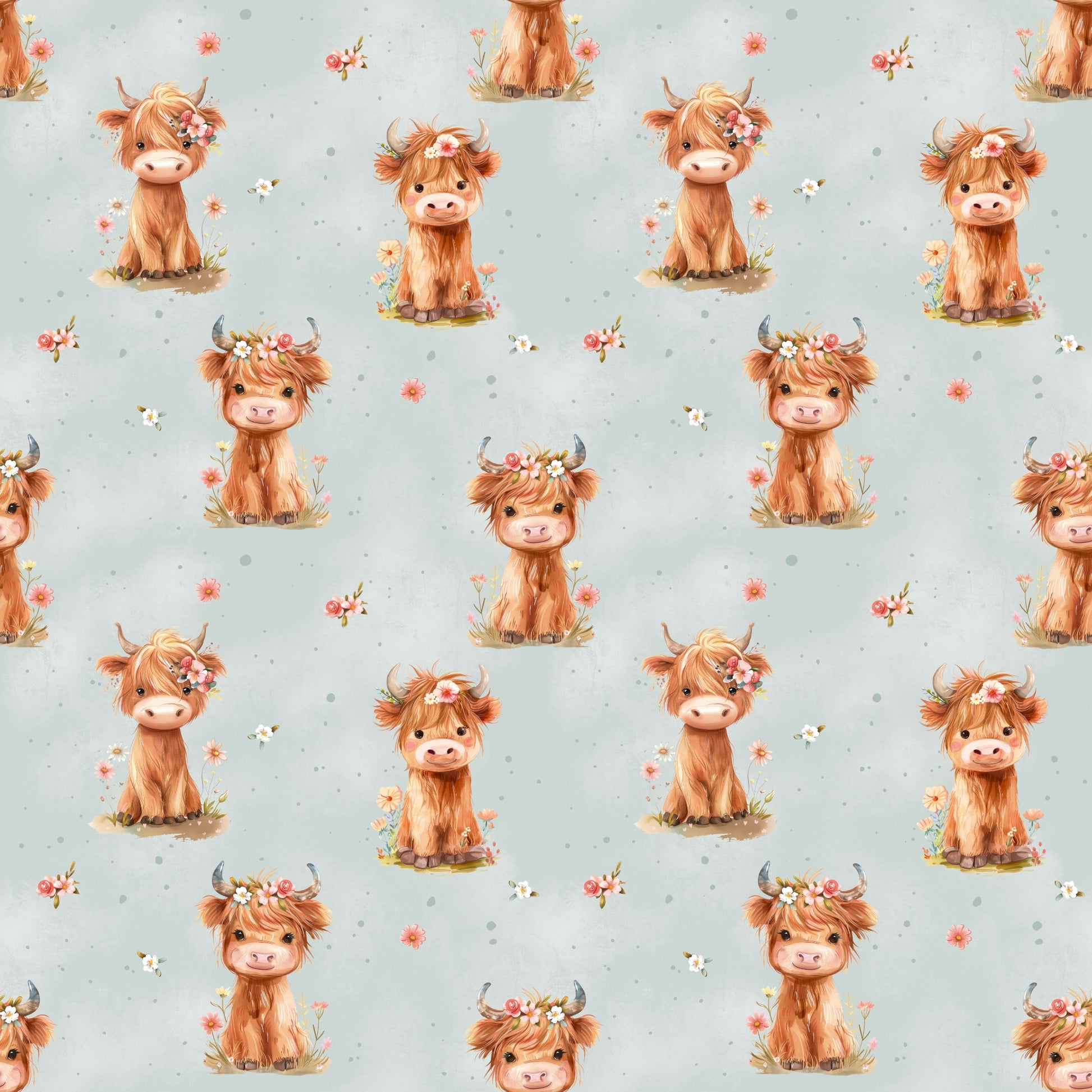 Stoffkachel „Highland Cow“: nahtloses Muster mit wiederholten Hochlandrinder-Illustrationen, kleinen Blumen und dezenten Punkten auf mintfarbenem Hintergrund.