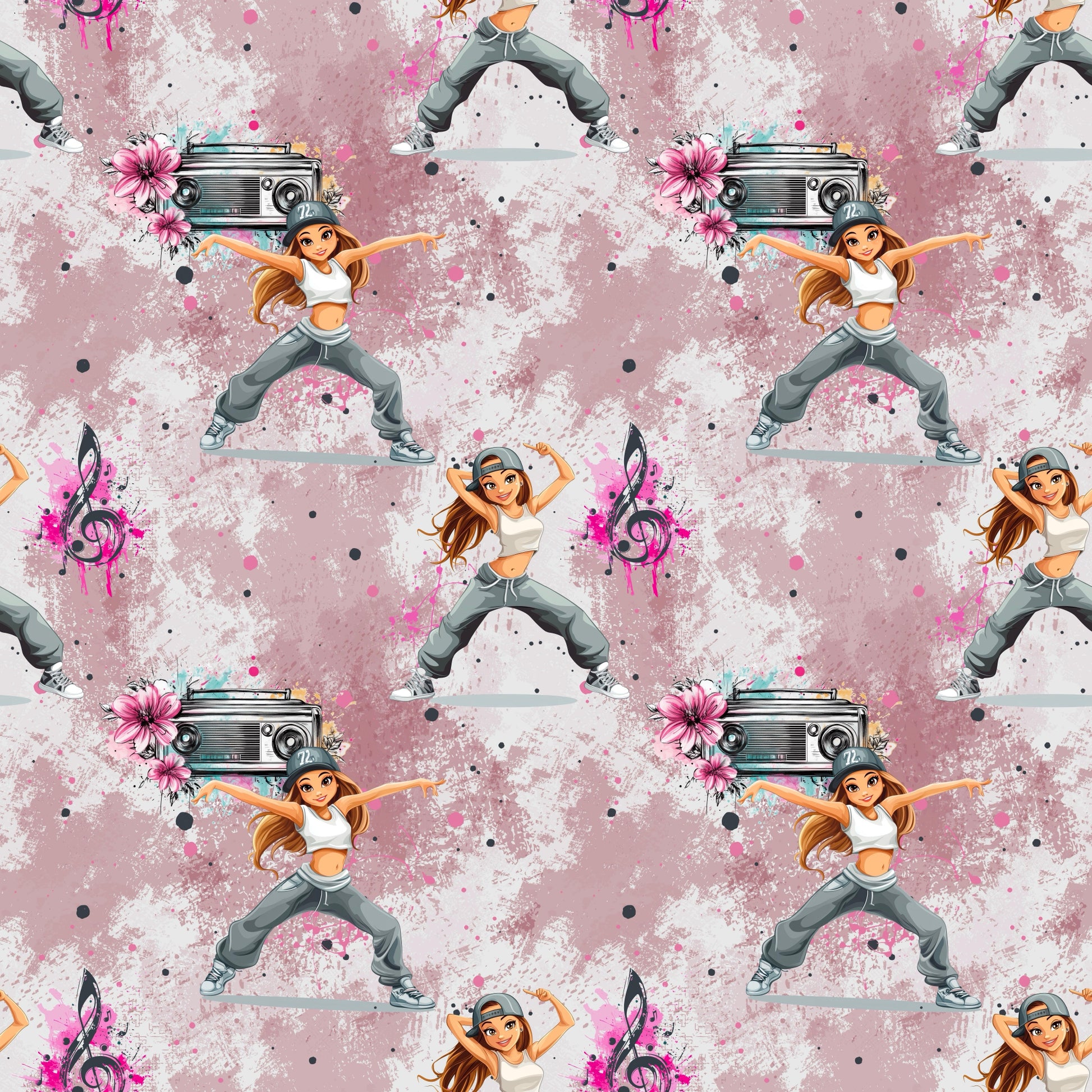 Hip-Hop-Stoff „Hip Hop Girl“ mit dynamischer Tänzerin, Musik- und Graffiti-Elementen auf modernem Rosé-Hintergrund, Kinderstoff