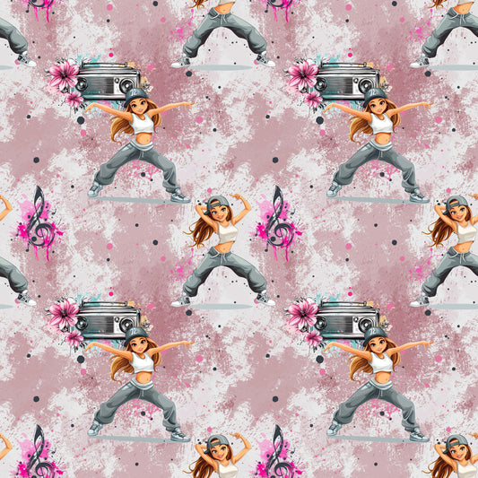Hip-Hop-Stoff „Hip Hop Girl“ mit dynamischer Tänzerin, Musik- und Graffiti-Elementen auf modernem Rosé-Hintergrund, Kinderstoff