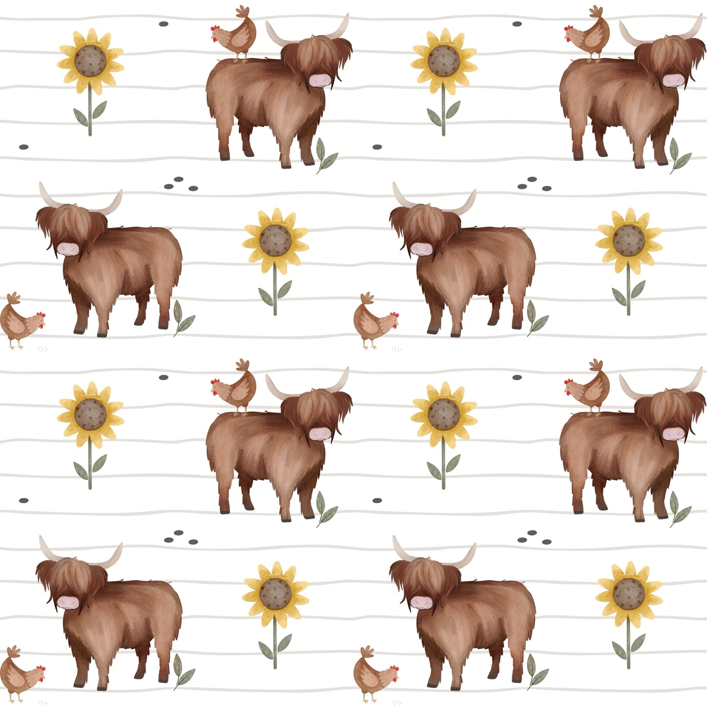 Stoffkachel „Hochlandrind & Huhn“: nahtloses Muster mit Highland Cows, Hühnern, Sonnenblumen & kleinen Punkten auf weißem Liniengrund; gleichmäßig rapportiert.
