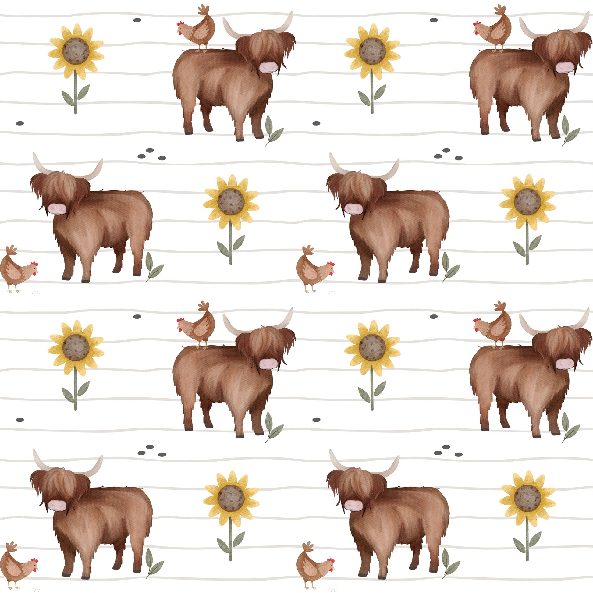 Stoffkachel „Hochlandrind & Huhn“: nahtloses Muster mit Highland Cows, Hühnern, Sonnenblumen & kleinen Punkten auf weißem Liniengrund; gleichmäßig rapportiert.