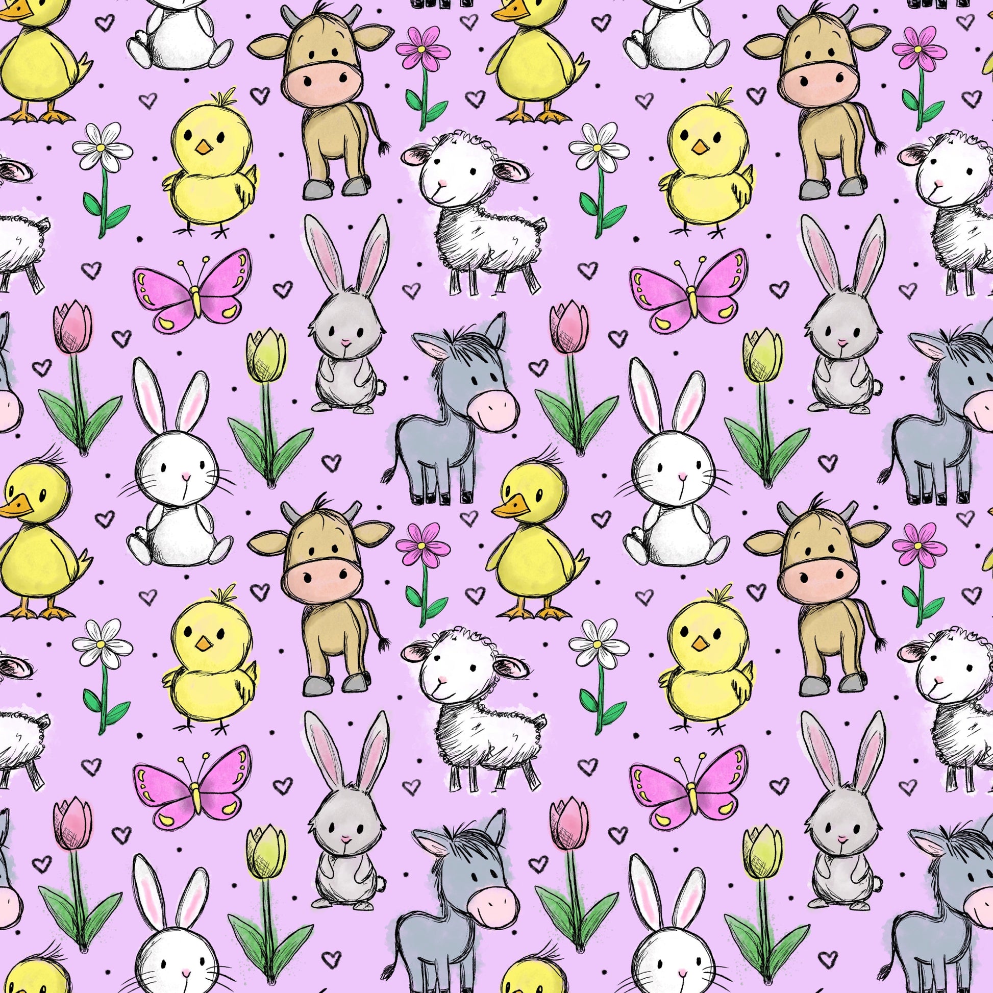 Hofzauber Flieder Stoffmuster mit niedlichen Bauernhoftieren, Blumen und Herzchen auf fliederfarbenem Hintergrund