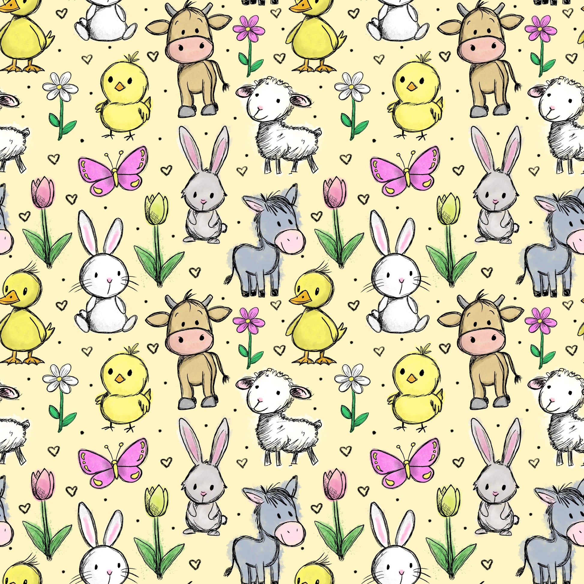Hofzauber Stoffmuster mit Bauernhoftieren, Blumen und Herzchen in gelber Farbvariante