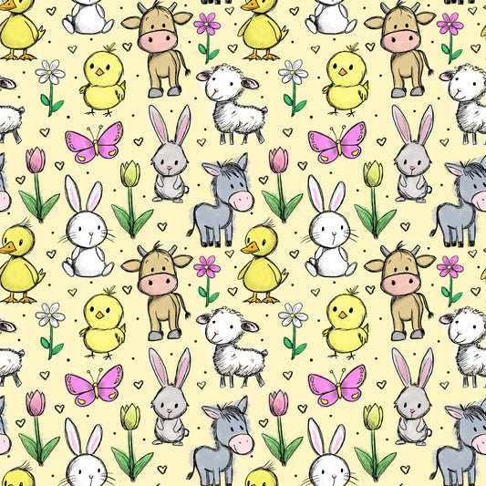 Hofzauber Stoffmuster mit Bauernhoftieren, Blumen und Herzchen in gelber Farbvariante