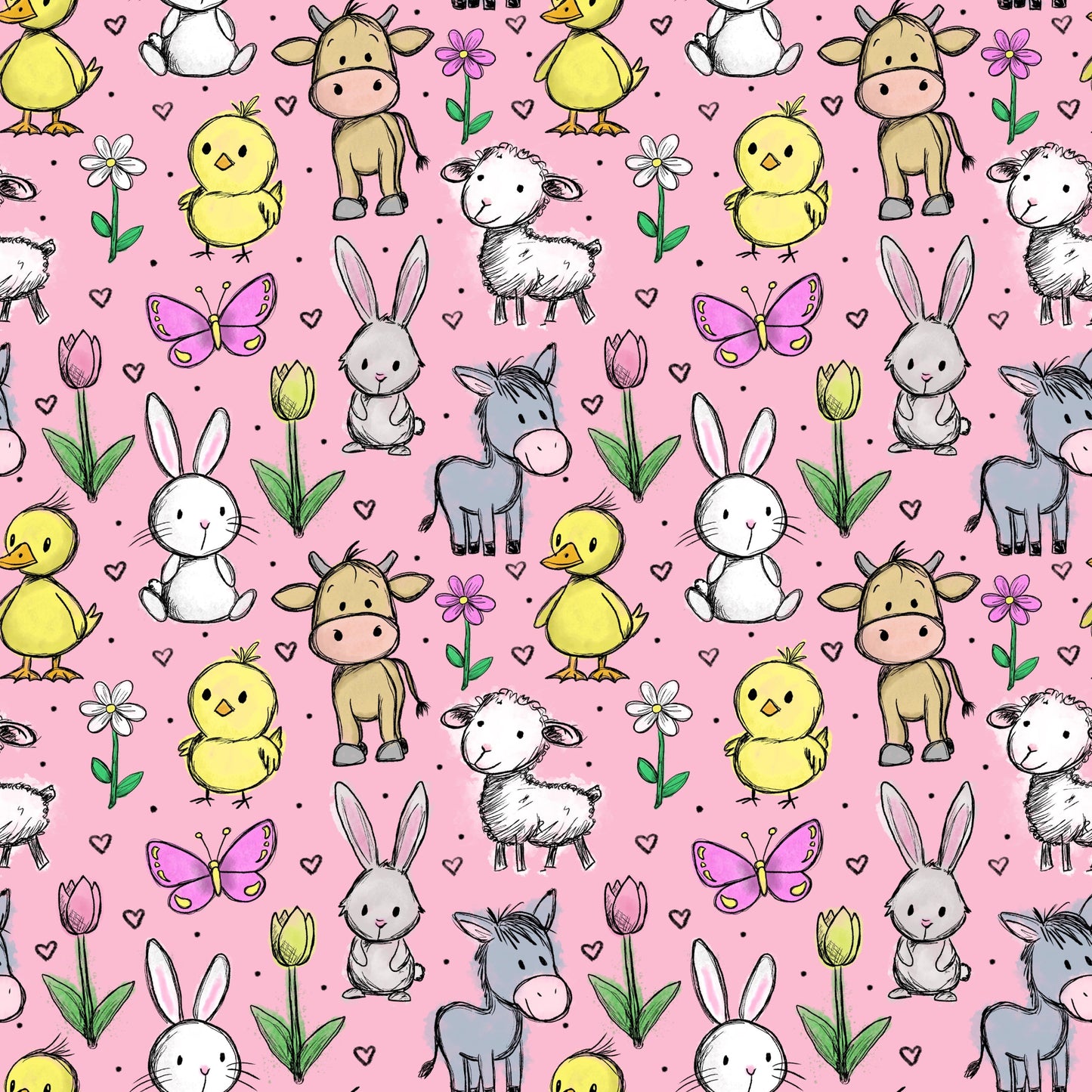 Hofzauber Rosé Stoffmuster mit niedlichen Bauernhoftieren und Blumen auf rosa Hintergrund