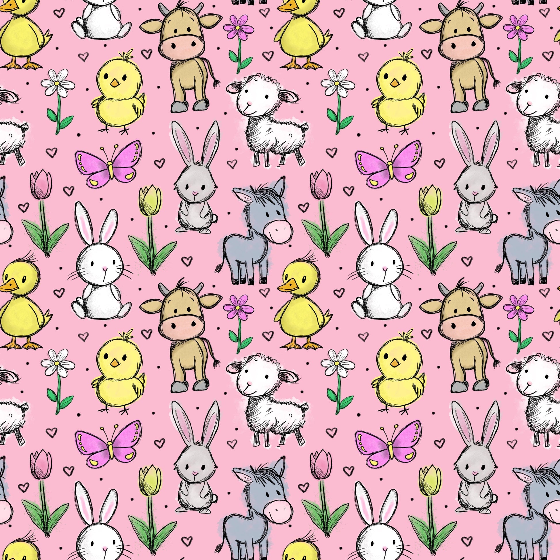 Hofzauber Rosé Stoffmuster mit niedlichen Bauernhoftieren und Blumen auf rosa Hintergrund