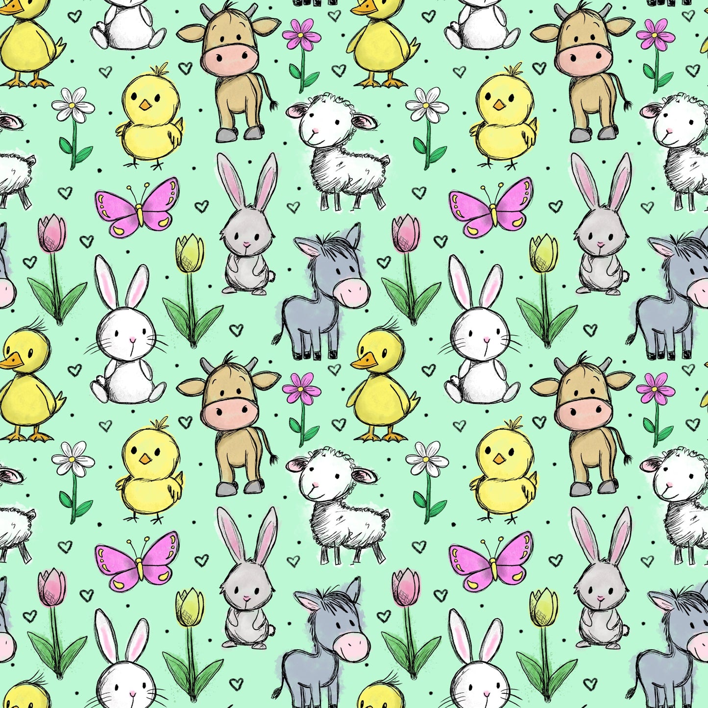 Hofzauber Salbei Stoffmuster mit niedlichen Bauernhoftieren, Blumen und Herzchen auf salbeigrünem Hintergrund