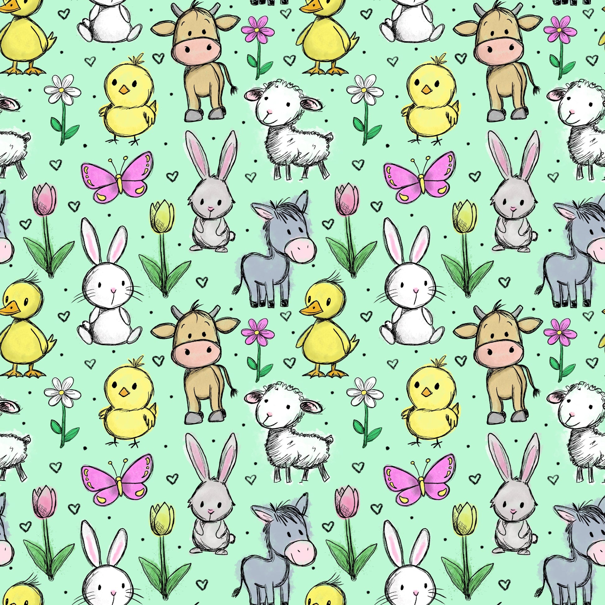Hofzauber Salbei Stoffmuster mit niedlichen Bauernhoftieren, Blumen und Herzchen auf salbeigrünem Hintergrund