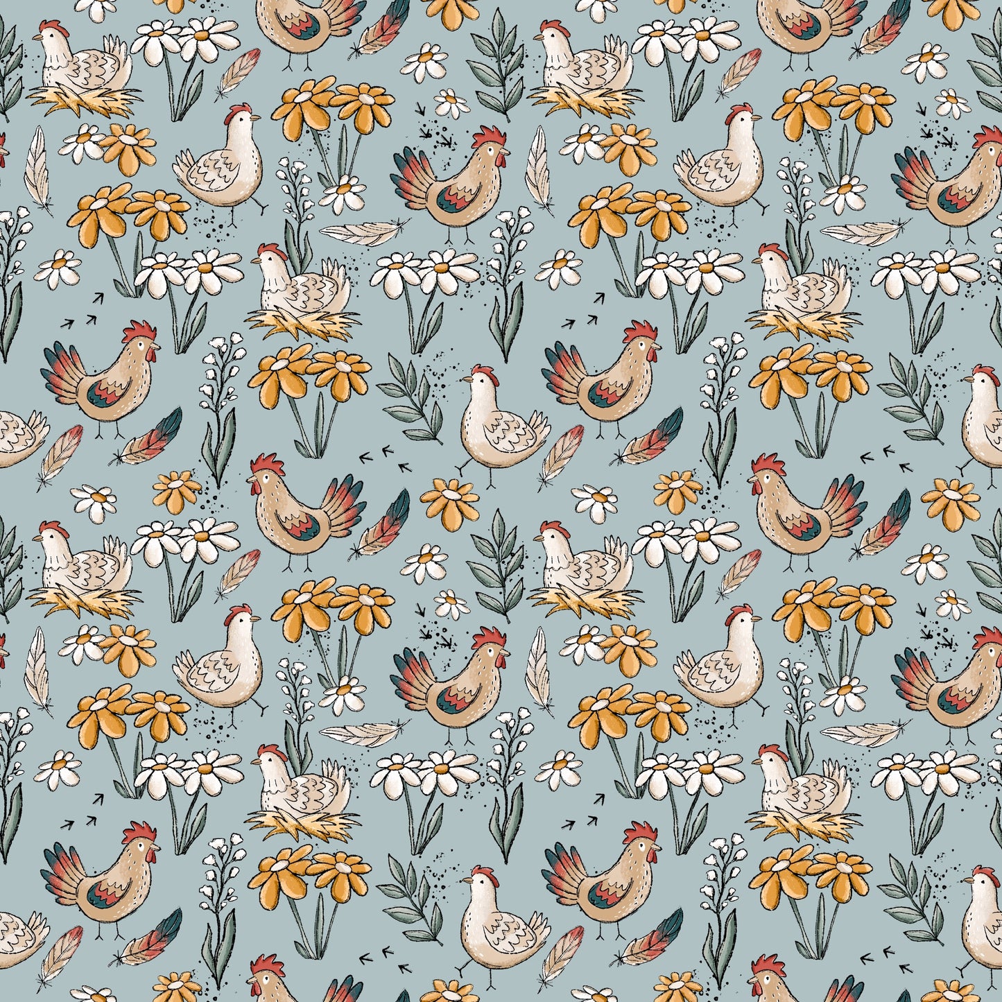 Nahtlose Hühnertag Stoffkachel von Katzengold-Designs mit Hühnern, Wiesenblumen und natürlichen Details auf blaugrünem Hintergrund