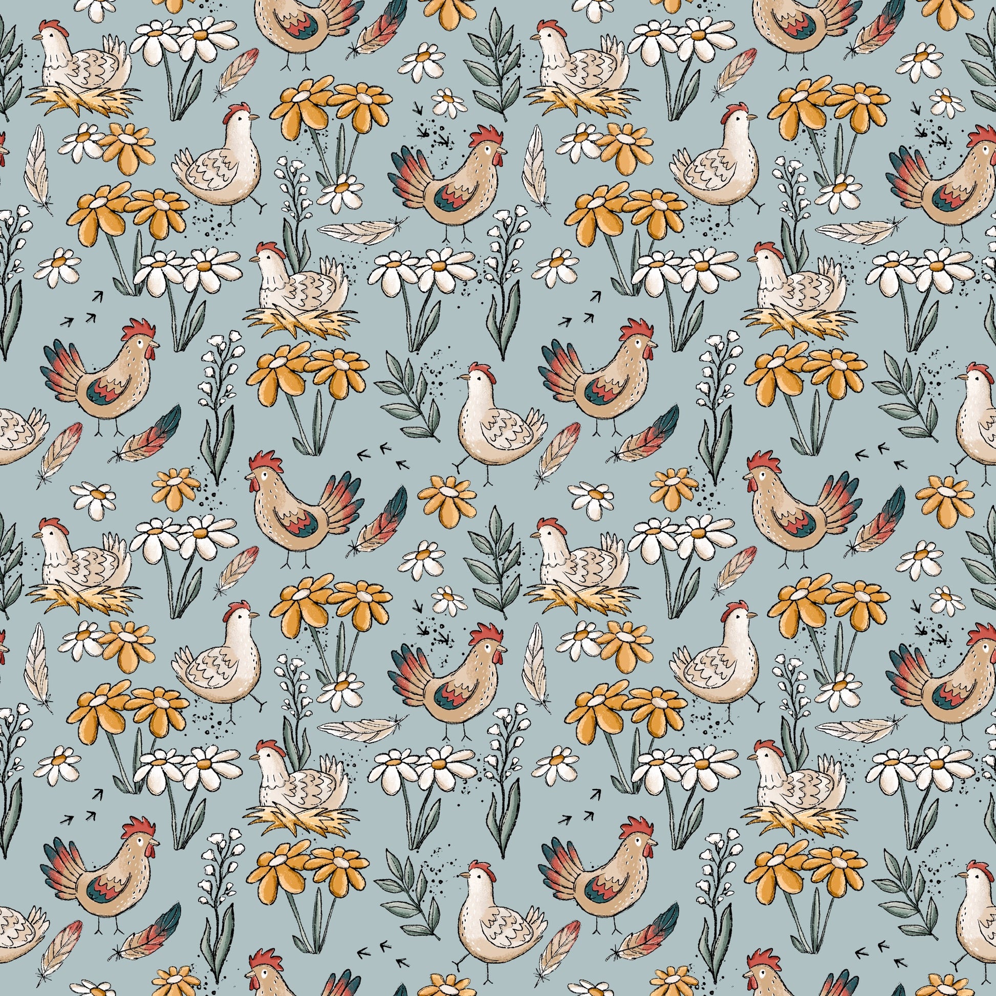 Nahtlose Hühnertag Stoffkachel von Katzengold-Designs mit Hühnern, Wiesenblumen und natürlichen Details auf blaugrünem Hintergrund