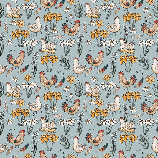 Nahtlose Hühnertag Stoffkachel von Katzengold-Designs mit Hühnern, Wiesenblumen und natürlichen Details auf blaugrünem Hintergrund