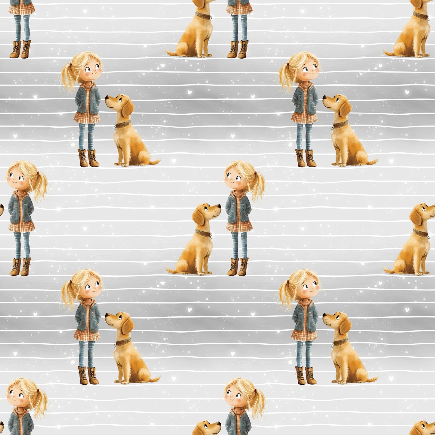 Nahtlose Hundeliebe Stoffkachel mit Mädchen-und-Hund Motiven auf grauem Linien- und Glitzerpunkte-Hintergrund, ideal für Kinderkleidung