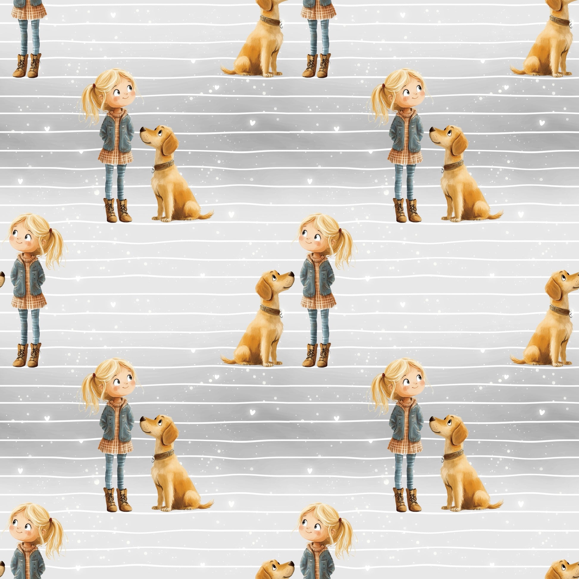 Nahtlose Hundeliebe Stoffkachel mit Mädchen-und-Hund Motiven auf grauem Linien- und Glitzerpunkte-Hintergrund, ideal für Kinderkleidung