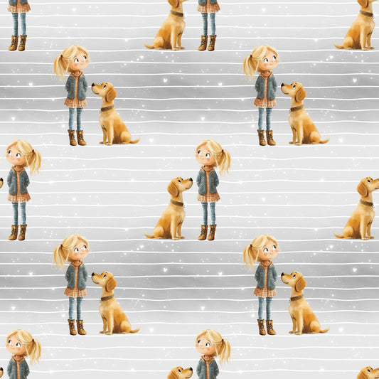 Nahtlose Hundeliebe Stoffkachel mit Mädchen-und-Hund Motiven auf grauem Linien- und Glitzerpunkte-Hintergrund, ideal für Kinderkleidung