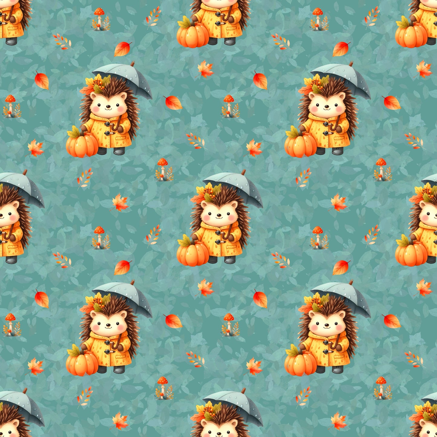 Gemütlicher Stoff „Igelchen“ – herbstliches Motiv mit Igel, Kürbissen und bunten Blättern für kreative Nähideen.