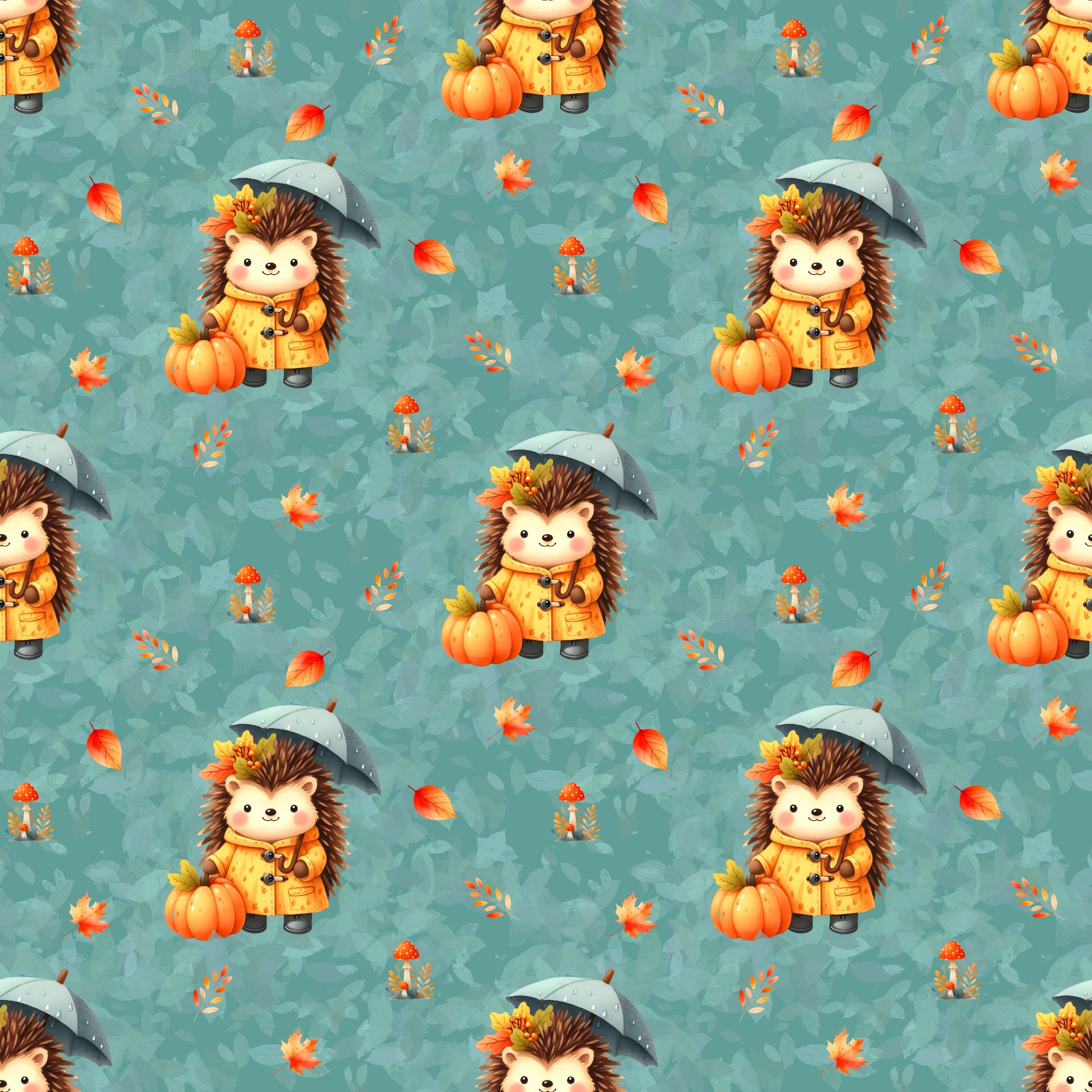 Gemütlicher Stoff „Igelchen“ – herbstliches Motiv mit Igel, Kürbissen und bunten Blättern für kreative Nähideen.