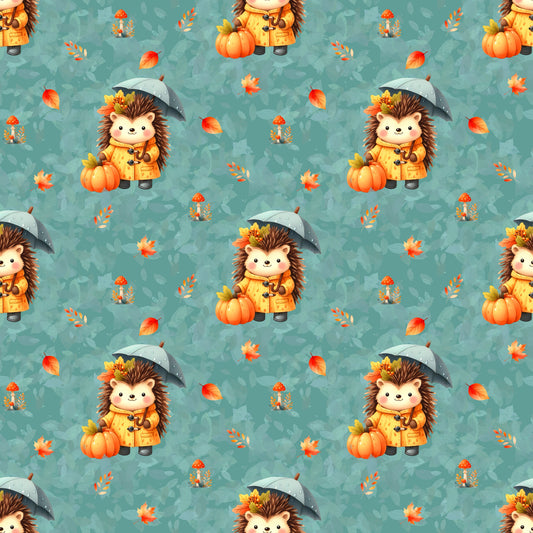 Gemütlicher Stoff „Igelchen“ – herbstliches Motiv mit Igel, Kürbissen und bunten Blättern für kreative Nähideen.