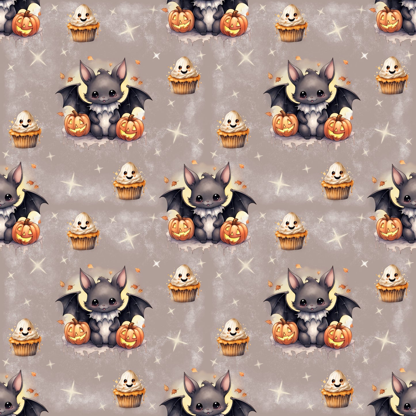 Verspielter Stoff „Kleine Fledermaus“ – Halloweenmotiv mit niedlicher Fledermaus und Cupcakes für kreative Nähideen.