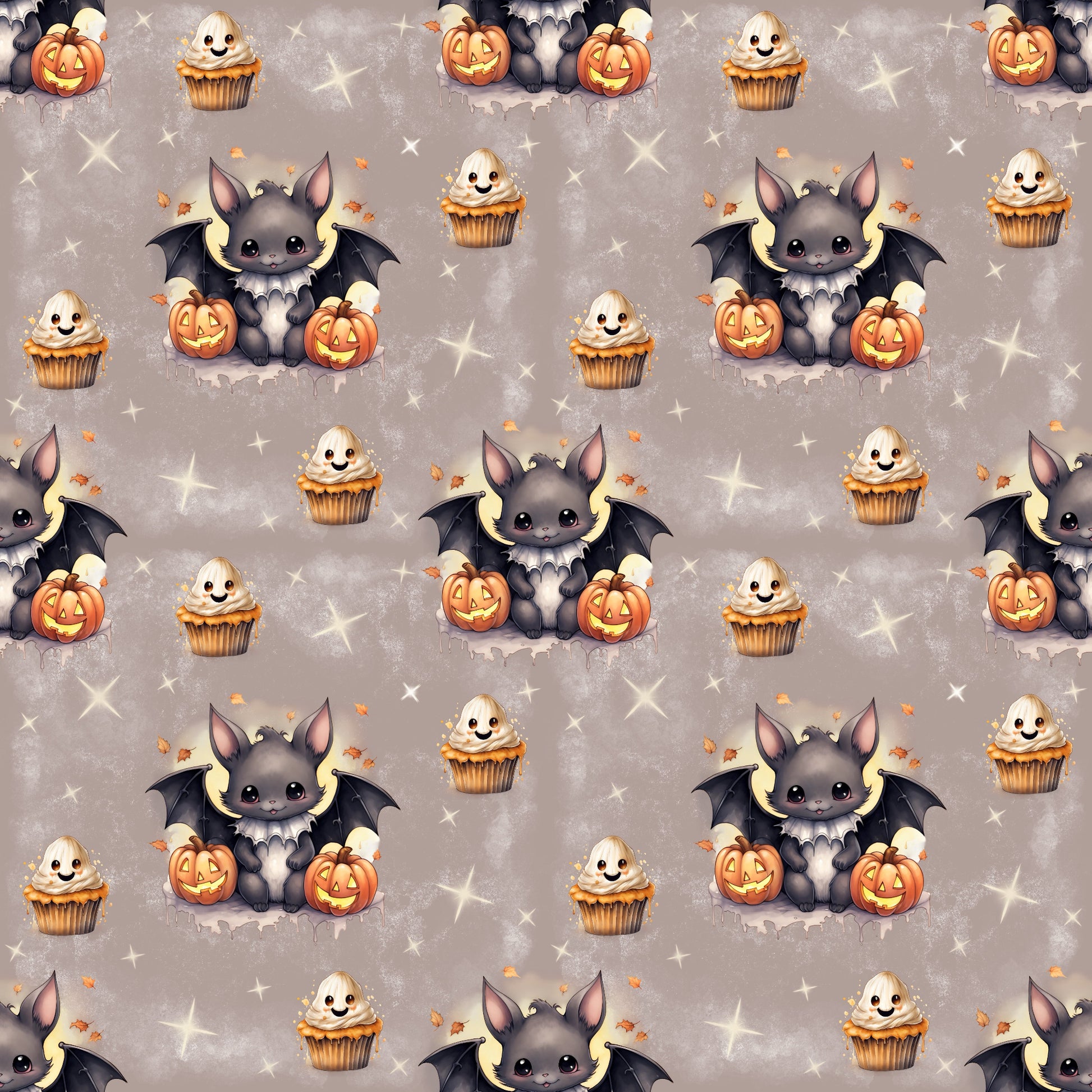 Verspielter Stoff „Kleine Fledermaus“ – Halloweenmotiv mit niedlicher Fledermaus und Cupcakes für kreative Nähideen.