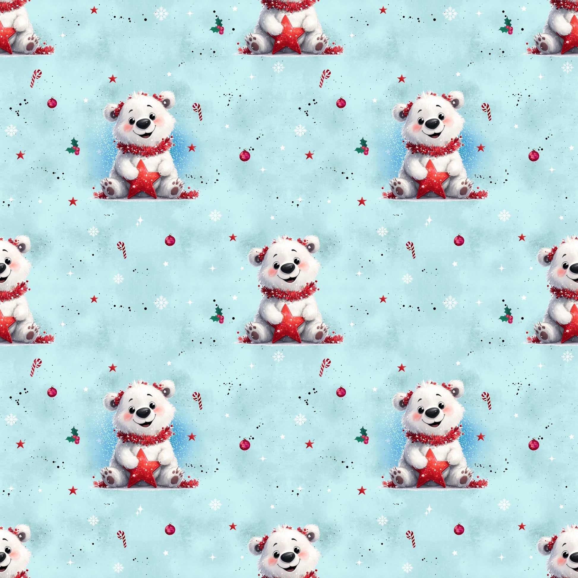 Bedruckter Stoff „Kleiner Eisbär“ blau – fröhlicher Eisbär mit rotem Stern für winterliche DIY-Kinderkleidung