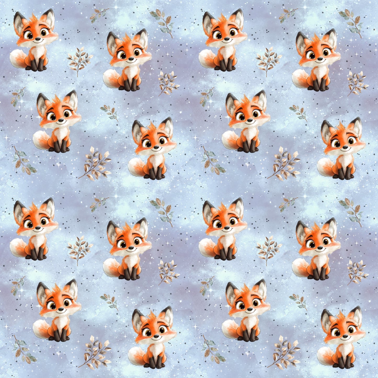 Nahe Ansicht der Stoffkachel „Kleiner Fuchs“ mit kleinen Füchsen, Sternchen und zarten Blättern auf blau-lila Hintergrund.
