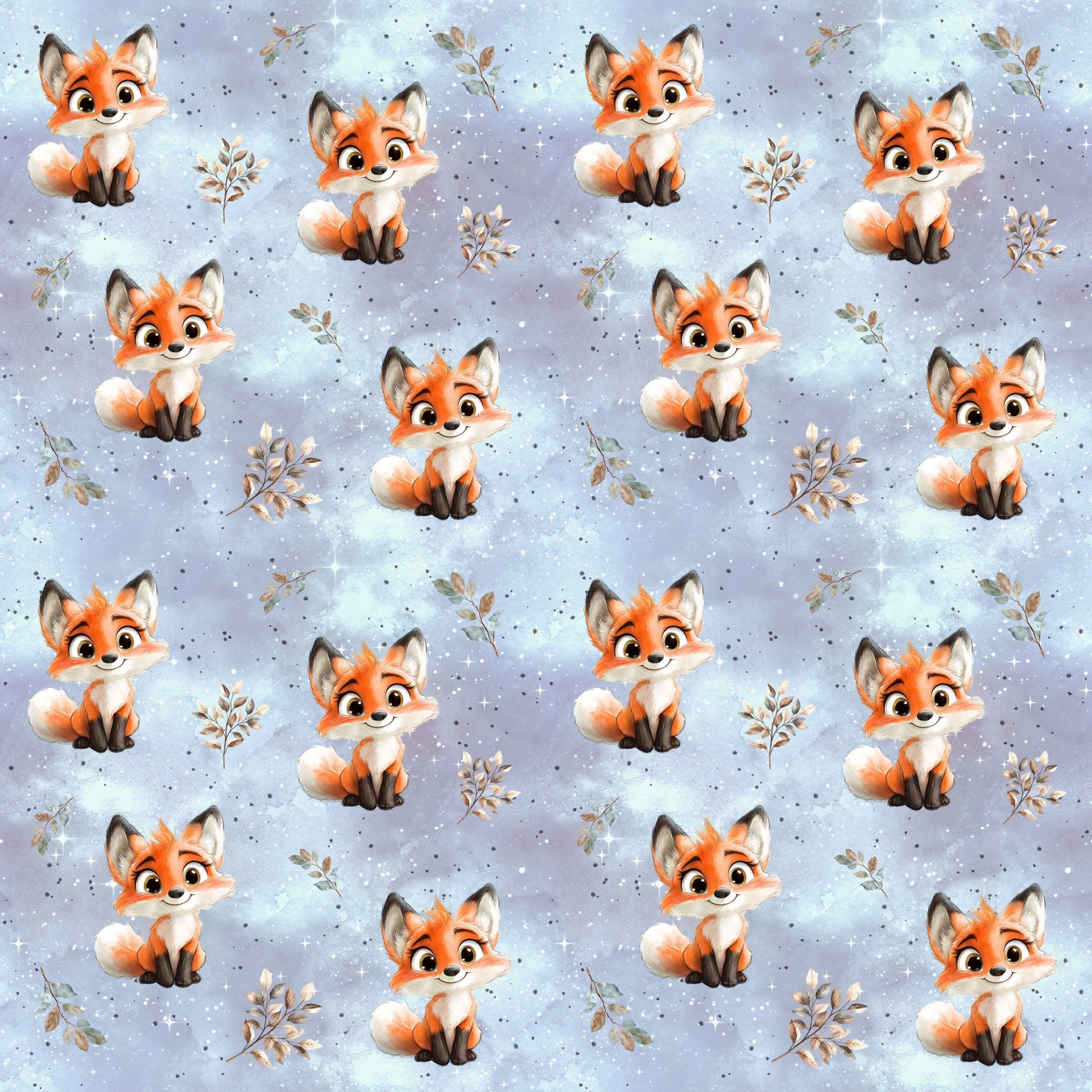 Nahe Ansicht der Stoffkachel „Kleiner Fuchs“ mit kleinen Füchsen, Sternchen und zarten Blättern auf blau-lila Hintergrund.