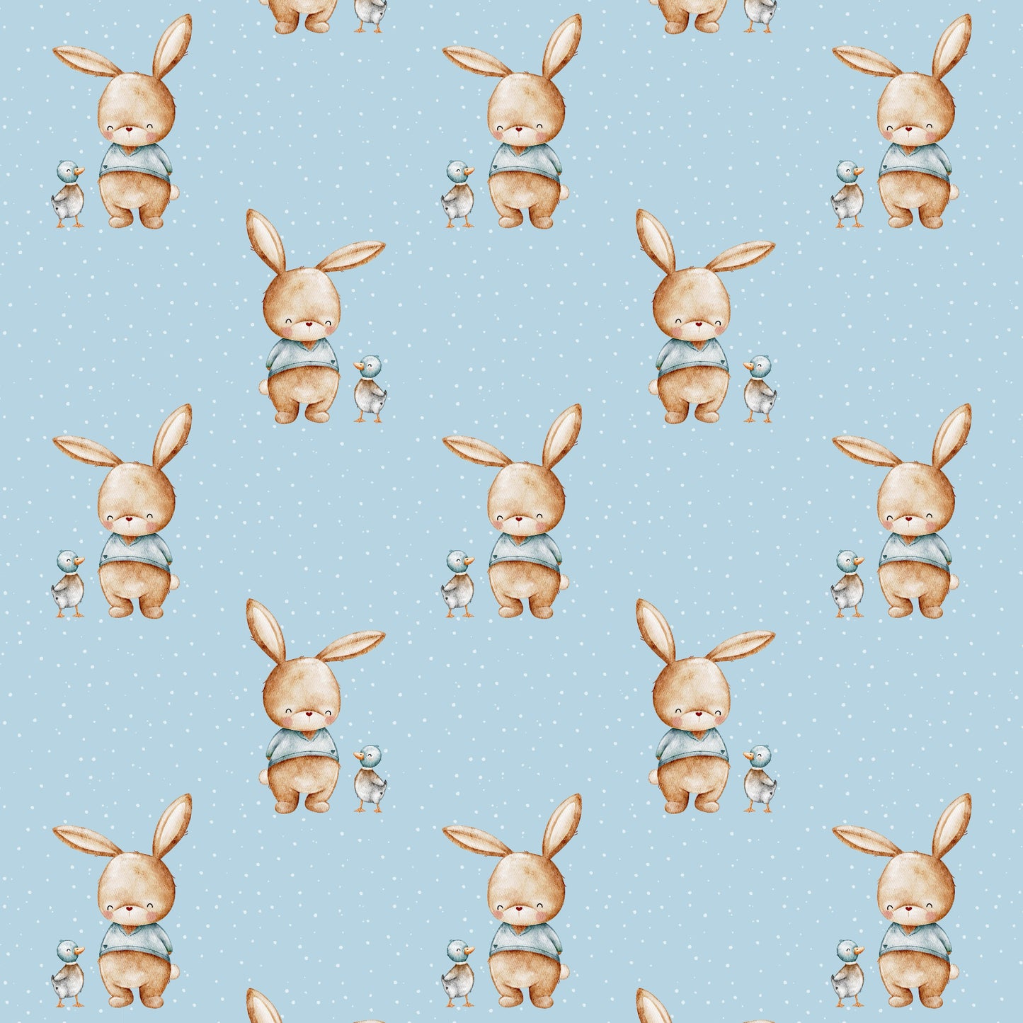 Nahe Aufnahme des Stoffdesigns „Hase & Ente“ mit niedlichen Hasen und Enten auf blauem Hintergrund mit feinen weißen Punkten.
