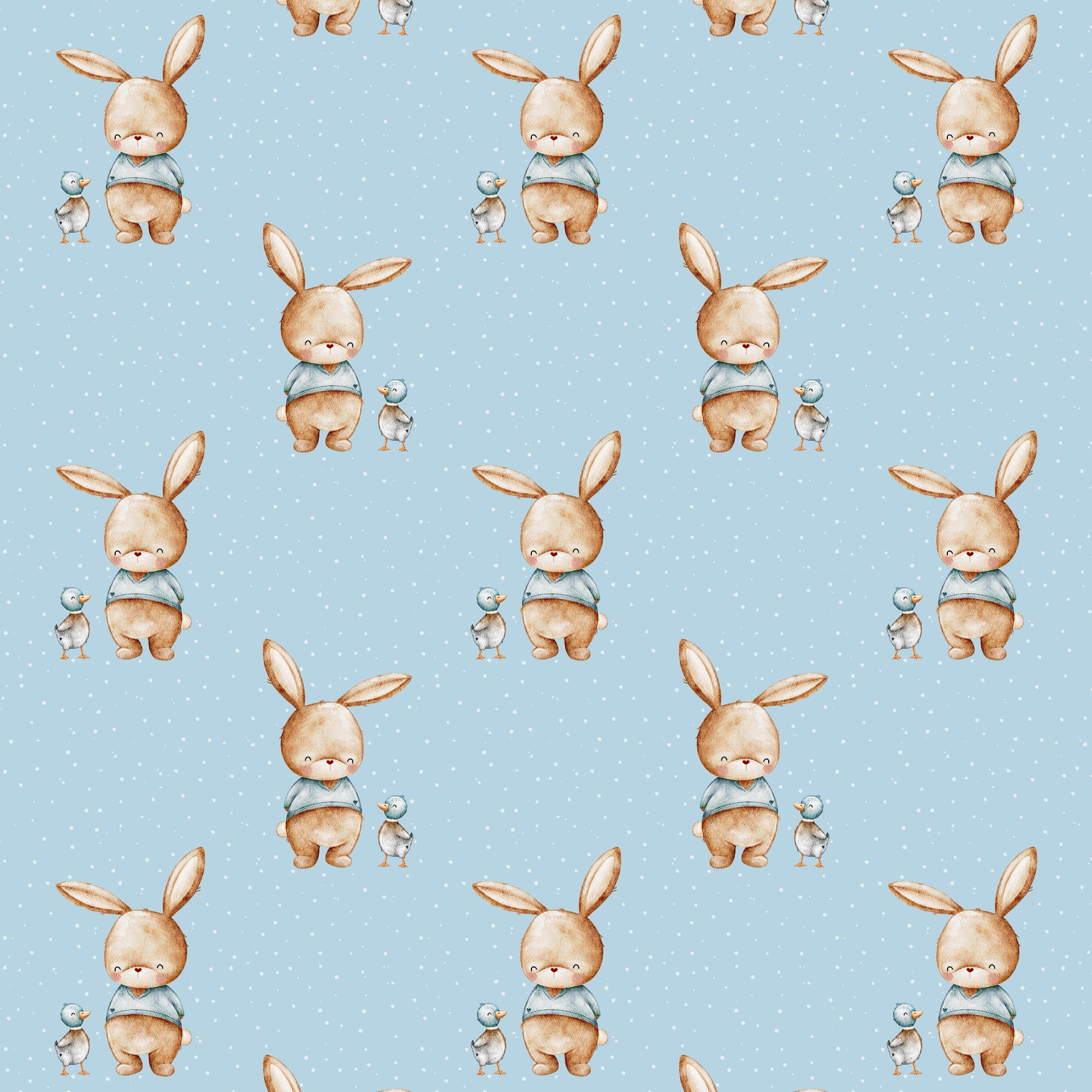 Nahe Aufnahme des Stoffdesigns „Hase & Ente“ mit niedlichen Hasen und Enten auf blauem Hintergrund mit feinen weißen Punkten.