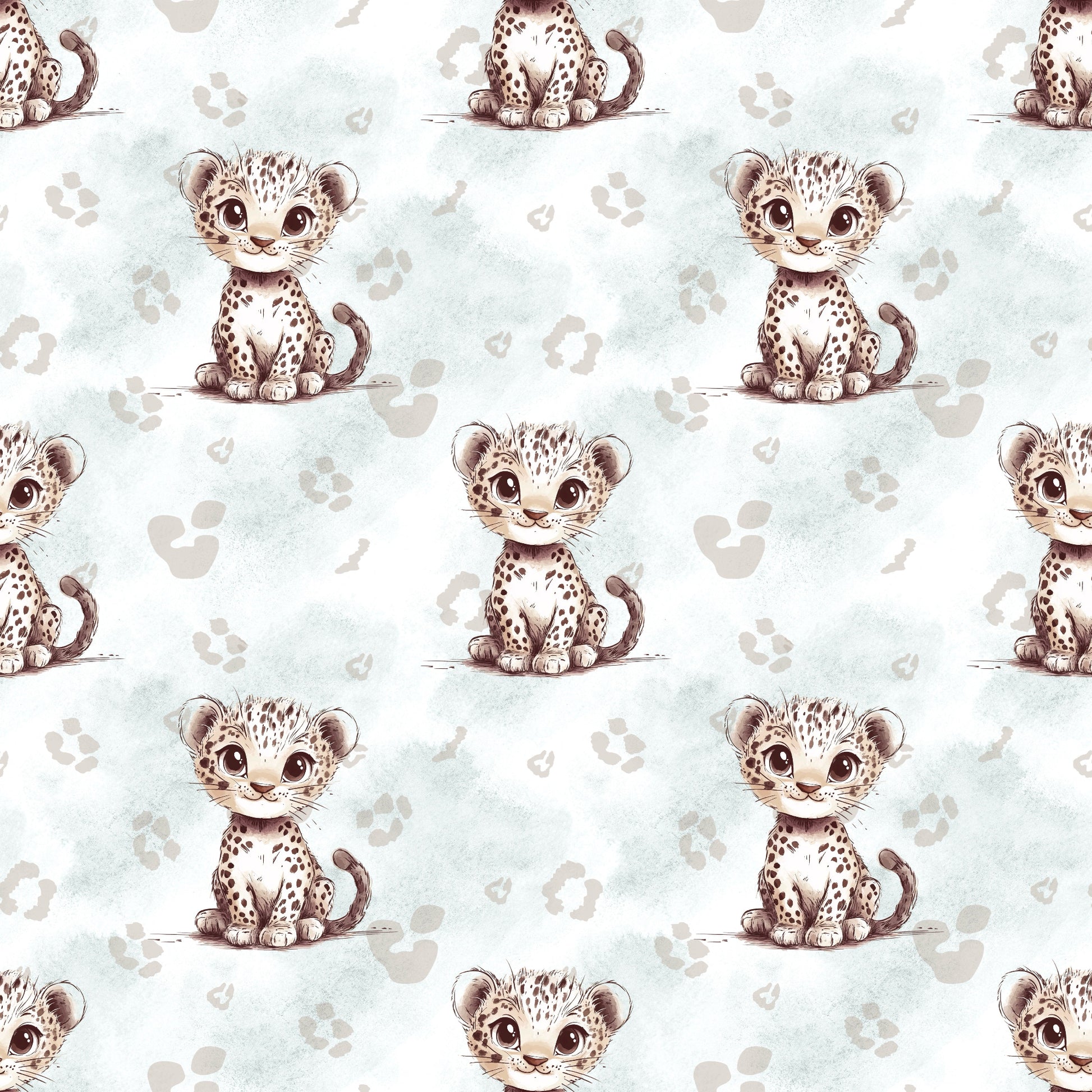 Stoffkachel „Kleiner Leopard“ mit Leoparden-Babys und Pfotenabdrücken in zarten Beige- und Minttönen in Aquarelloptik.