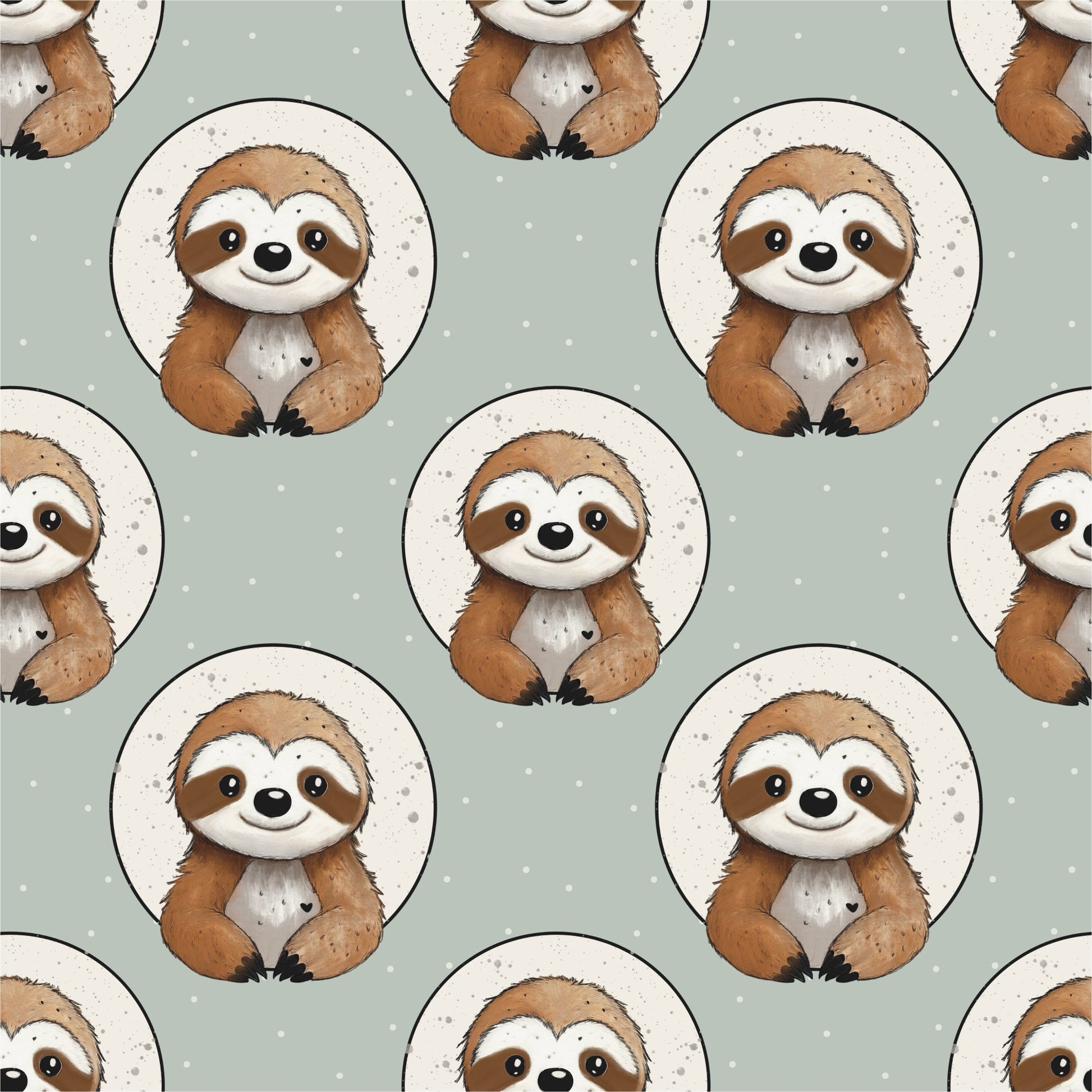 Faultierstoff „Kleines Faultier“ mit ruhigem Faultiermotiv im Kreis und feinen Punkten auf grünem Hintergrund, Kinderstoff Design von Binschens Designs
