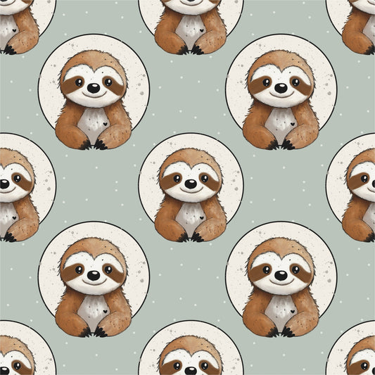 Faultierstoff „Kleines Faultier“ mit ruhigem Faultiermotiv im Kreis und feinen Punkten auf grünem Hintergrund, Kinderstoff Design von Binschens Designs