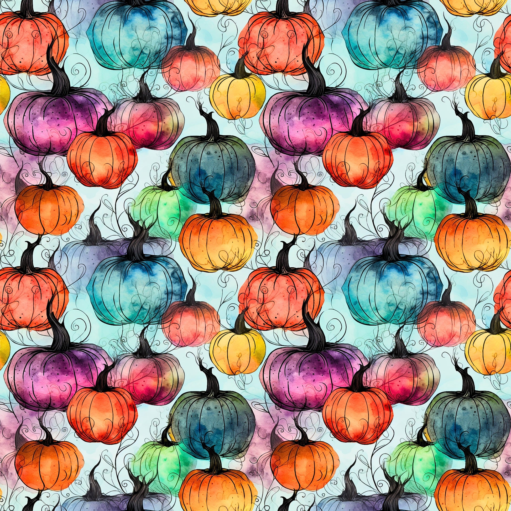 Herbststoff „Kürbisse“ – farbenfrohes Aquarell-Design mit bunten Kürbissen für kreative Näh- und DIY-Projekte.