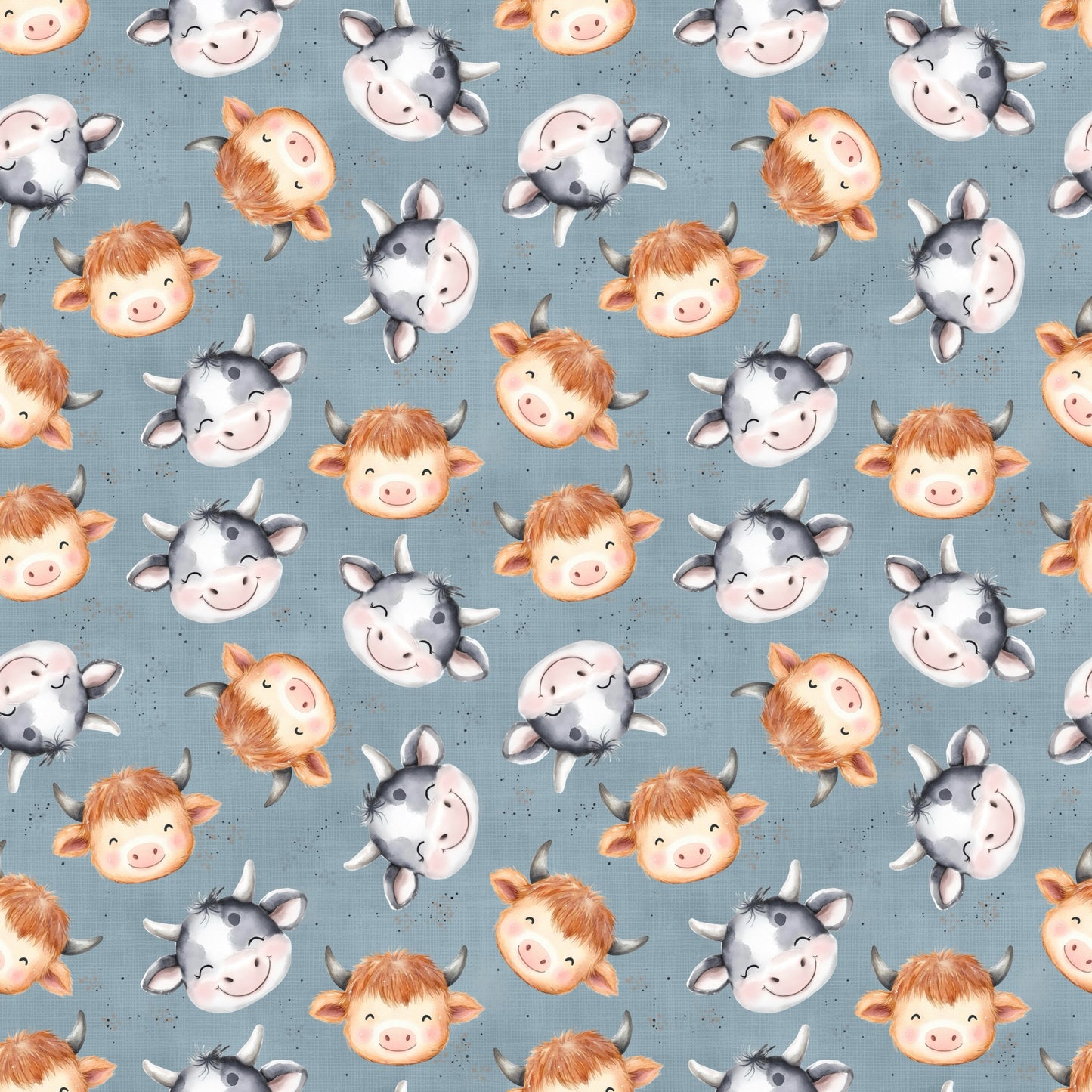 Wiederholendes Muster aus fröhlichen Kuhgesichtern auf blaugrauem Hintergrund – Design „Kuhkumpels“.