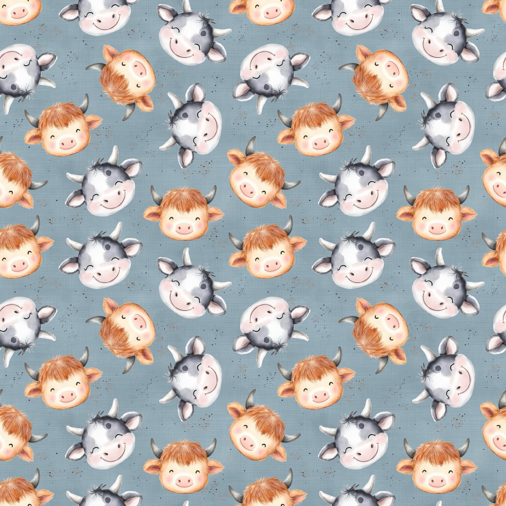 Wiederholendes Muster aus fröhlichen Kuhgesichtern auf blaugrauem Hintergrund – Design „Kuhkumpels“.
