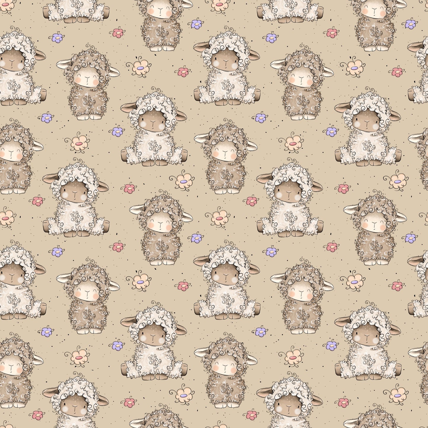 Detailansicht der Stoffmeterware „Lämmchen“ mit gleichmäßig verteilten Lämmchen-Motiven, kleinen Blüten und feinen Sprenkeln auf warmem Beigeton. Das Design wirkt ruhig, harmonisch und besonders geeignet für Baby- und Kinderkleidung. Design von Katzengold-Designs.