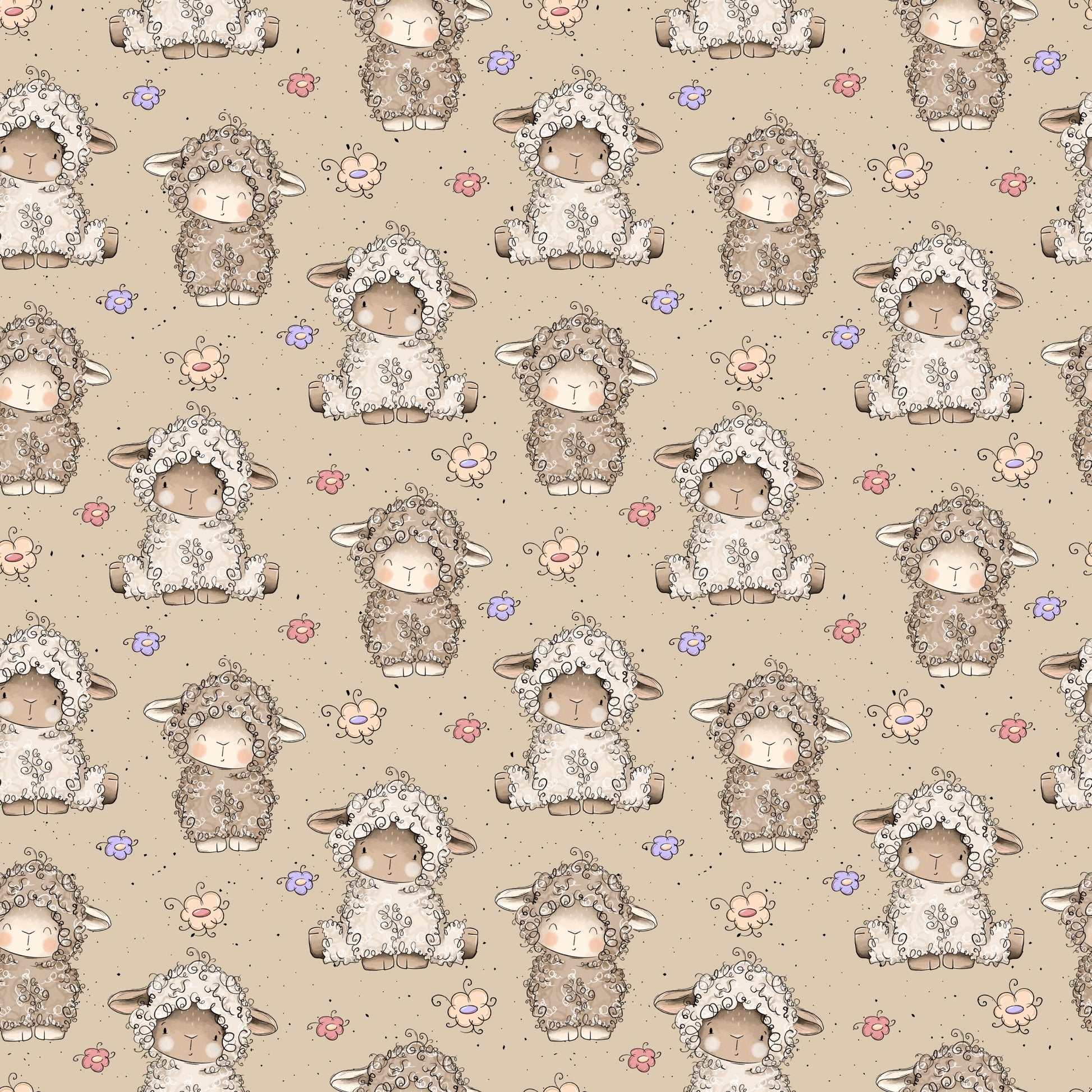 Detailansicht der Stoffmeterware „Lämmchen“ mit gleichmäßig verteilten Lämmchen-Motiven, kleinen Blüten und feinen Sprenkeln auf warmem Beigeton. Das Design wirkt ruhig, harmonisch und besonders geeignet für Baby- und Kinderkleidung. Design von Katzengold-Designs.