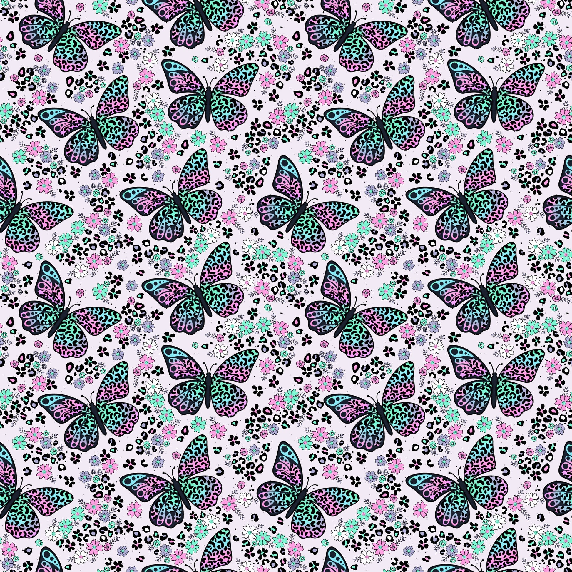 Leo Butterfly Muster mit bunten Schmetterlingen, Blumen und Leo-Elementen von Katzengold-Designs.