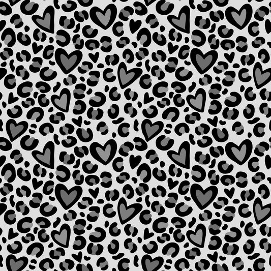 Stoffdesign „Leo Herzen grau“ mit schwarzen Leo-Flecken und Herzformen auf grauem Hintergrund, modernes Allover-Muster für Kinder- und Damenstoffe