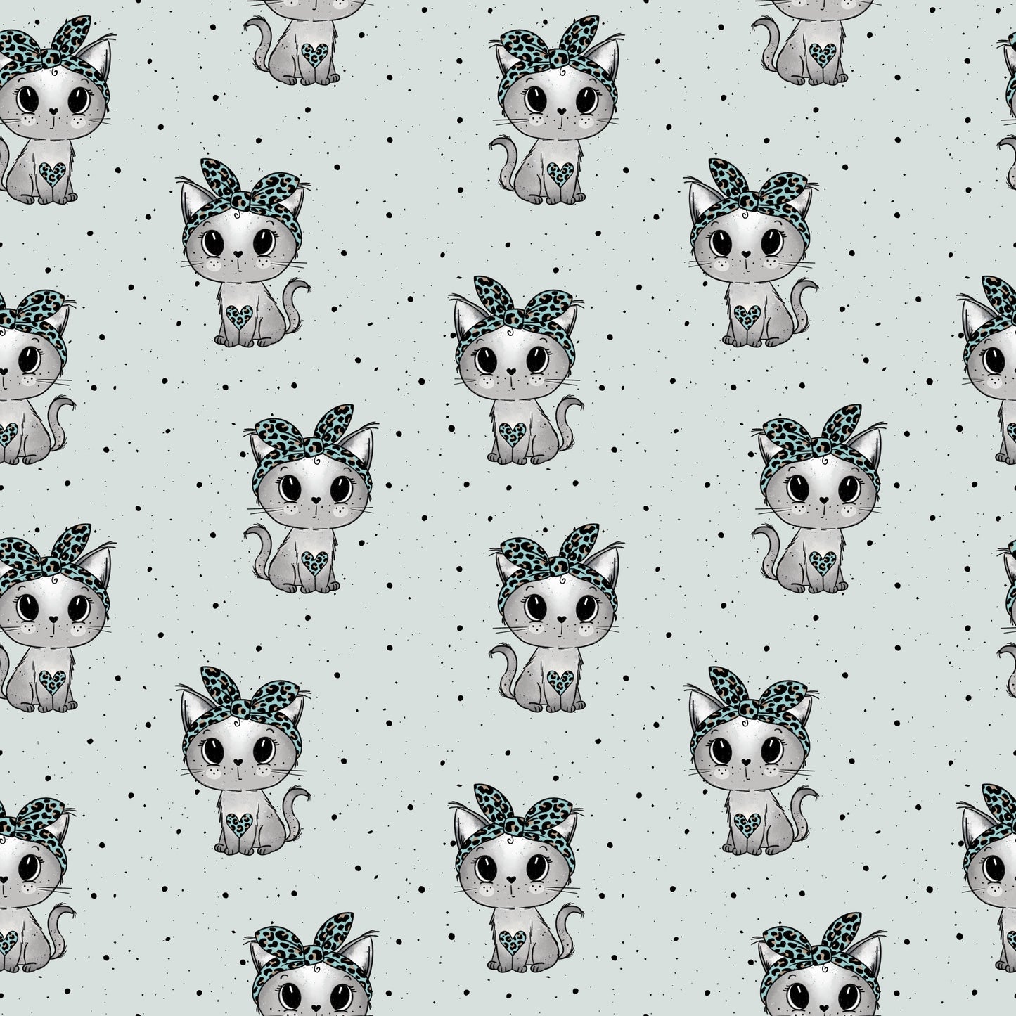 nahtloses Muster mit niedlichen grauen Kätzchen und türkisem Leo-Band, kindliches Stoffdesign mit Sprenkel-Hintergrund