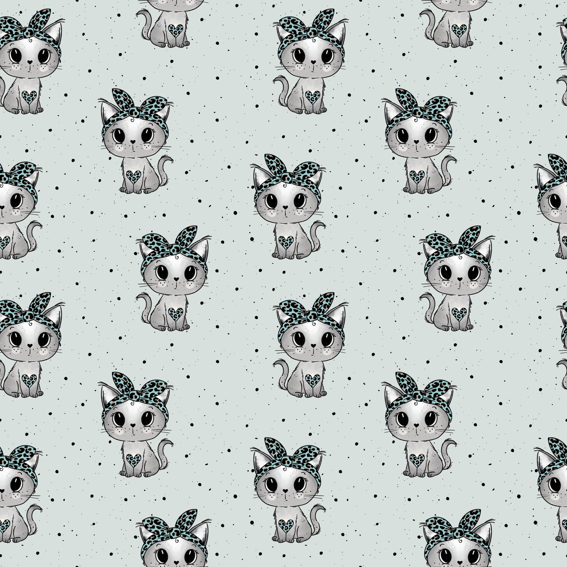 nahtloses Muster mit niedlichen grauen Kätzchen und türkisem Leo-Band, kindliches Stoffdesign mit Sprenkel-Hintergrund