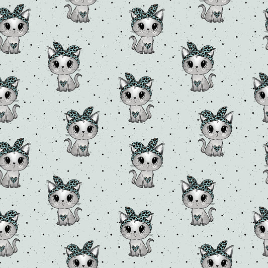 nahtloses Muster mit niedlichen grauen Kätzchen und türkisem Leo-Band, kindliches Stoffdesign mit Sprenkel-Hintergrund