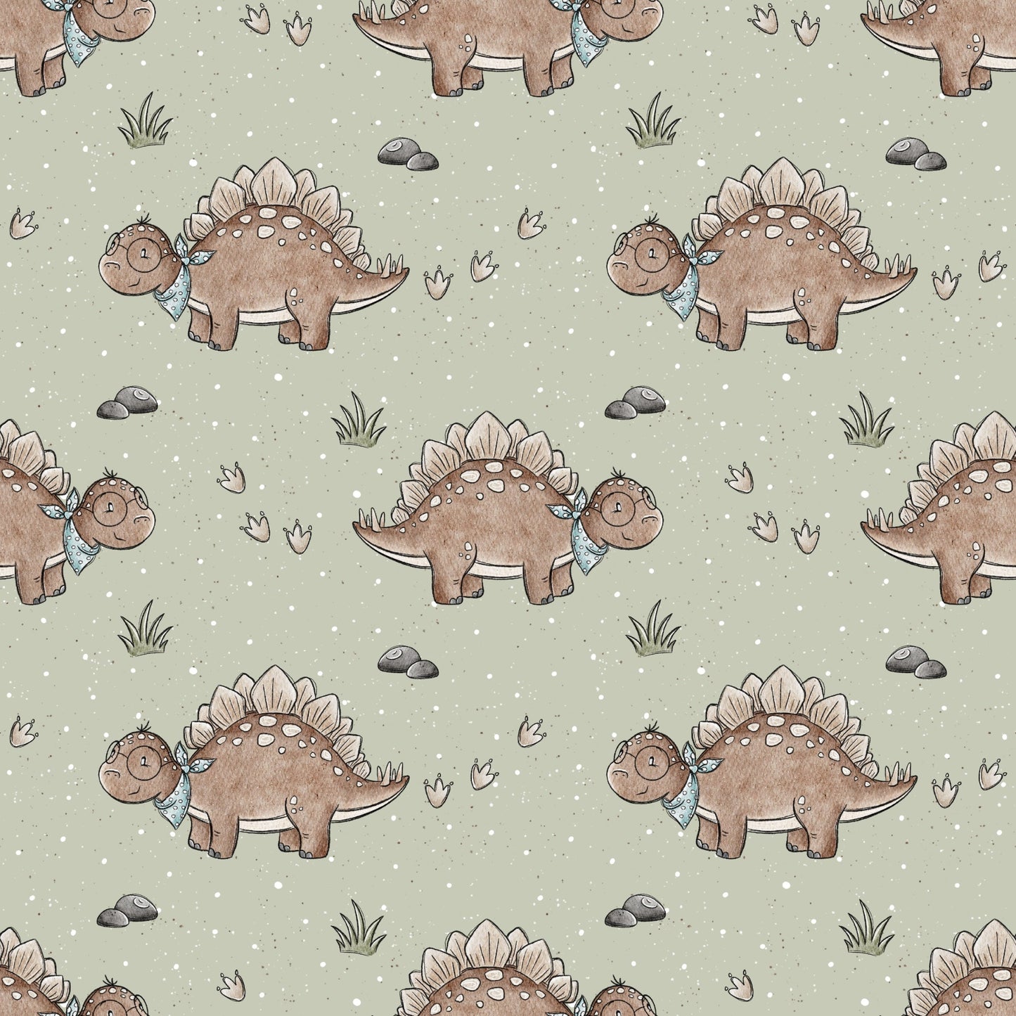 Lesedino Allover-Muster mit süßem Stegosaurus, Gräsern, Steinen und Dino-Fußspuren in sanften Naturfarben für Baby- und Kinderkleidung