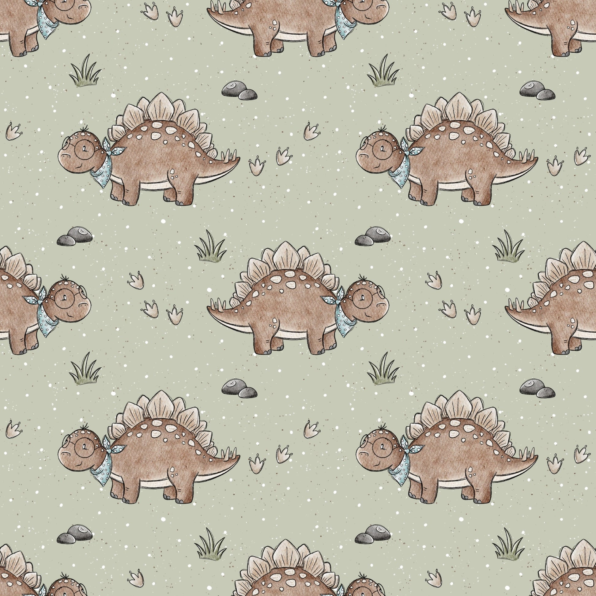 Lesedino Allover-Muster mit süßem Stegosaurus, Gräsern, Steinen und Dino-Fußspuren in sanften Naturfarben für Baby- und Kinderkleidung