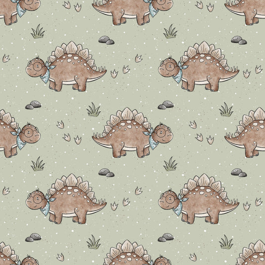 Lesedino Allover-Muster mit süßem Stegosaurus, Gräsern, Steinen und Dino-Fußspuren in sanften Naturfarben für Baby- und Kinderkleidung